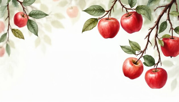 Red apples grow on tree branches with green leaves. This is a watercolor illustration of ripe fruit, perfect for fall themes. Natural food graphic art.