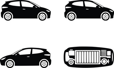 Black silhouette illustrations of a compact hatchback car from multiple viewpoints