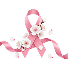 Elegant Pink Awareness Ribbon Decorated with Spring Blossoms, PNG with Alpha Channel