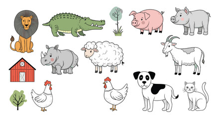 Obraz premium Cute collection of various cartoon farm and wild animals like a lion pig sheep rhino crocodile and a red barn house.