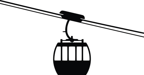 Simple black and white illustration of a cable car hanging from wires