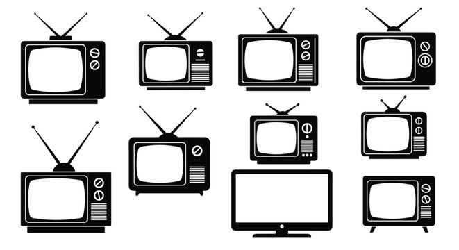 Collection of black silhouette icons of retro and vintage television sets with antennas from different eras of tech.