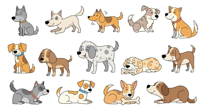 Adorable collection of various cartoon dogs and puppies of different breeds in playful poses like sitting and lying down.