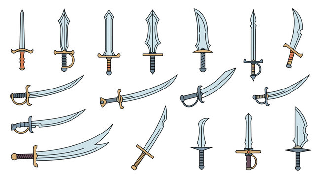 Large collection of various medieval and fantasy cartoon swords daggers and sabers with different hilt and blade designs.