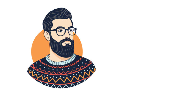 Stylish portrait illustration of a handsome bearded hipster man wearing glasses and a festive patterned winter sweater.