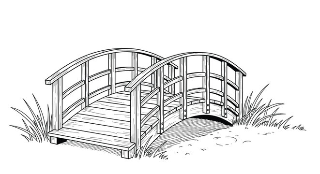 A black and white line art drawing of a classic arched wooden footbridge in a serene park or garden setting with grass.