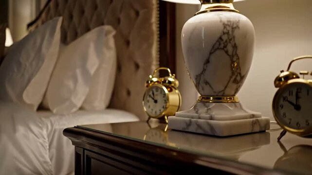 Elegant Bedroom Setting With Lamp And Clock On The Bedside Table In The Night