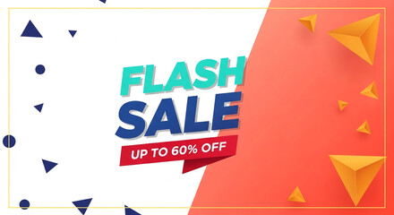 Graphic with text "Flash Sale" on white and orange background, decorated with triangle and circle shapes. Represents a discount, offer, advertisement