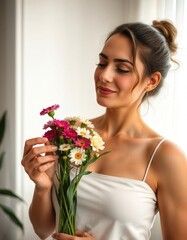 Self Love Concept Woman Holding Flowers At Home