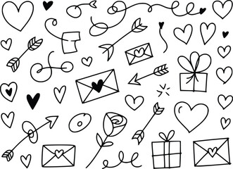 A collection of hand drawn love symbols hearts arrows and gifts