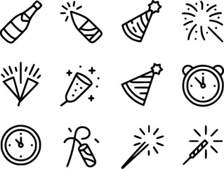 Celebration icons champagne party hats fireworks and clocks for new year festivities