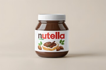 Realistic illustration of a glass jar filled with creamy chocolate hazelnut spread featuring a detailed white label showing the iconic brand name and delicious serving suggestion