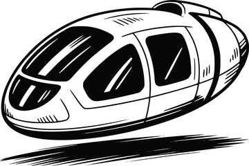 A black and white sketch of a futuristic streamlined levitating vehicle