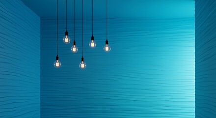 six light bulbs hanging from ceiling on blue wall