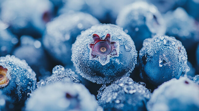 Macro close-up of blueberries covered with an icy frost, highlighting fresh texture, cool tones, and natural detail that convey freshness, cold, and healthy organic food - Powered by Adobe