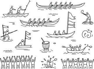 A collection of sketches depicting various water activities and celebratory scenes
