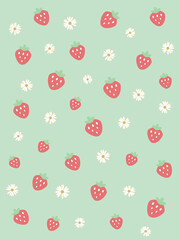 いちごと花の北欧風パターン（グリーン）ー ミントグリーンの背景に北欧風のいちごと花を散らした、かわいい背景。ポストカード、ポスター、フレークシール、マスキングシールブックタイプ、クリアファイル、ノートの表紙に最適。