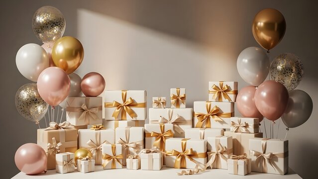 Elegant arrangement of luxury gift boxes wrapped with golden ribbons and surrounded by pastel and gold balloons. Perfect concept for birthday, wedding, anniversary, baby shower, holiday celebration, a
