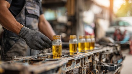 Mechanic lubricating taxi chassis with oil tools and vehicle frame in clear focus while the surrounding area remains softly blurred.