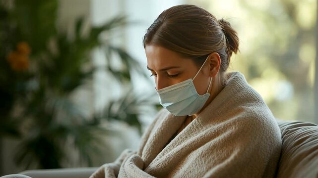 Woman wearing a medical face mask sitting indoors wrapped in a blanket near a window
