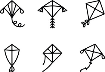 Simple black and white illustrations of various kite designs in a collection