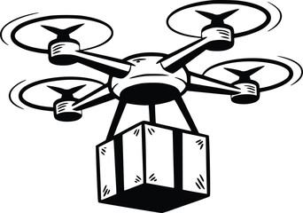 A black and white illustration of a drone delivering a package