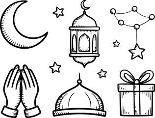 Ramadan decorations Crescent moon lanterns and praying hands sketch illustration