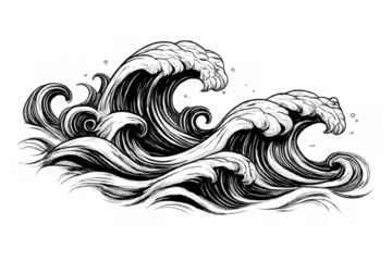 Raging sea waves showing powerful surf and water movement, drawn in a traditional monochrome japanese art style