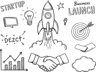 Startup launch concept with rocket handshake and growth illustrations in sketch style