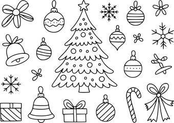 A collection of hand drawn christmas ornaments and festive holiday decorations