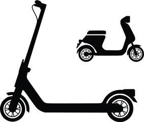 Simple black and white illustration of two electric scooters in profile view