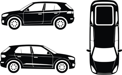 Black suv vehicle design illustration with side top and front views shown