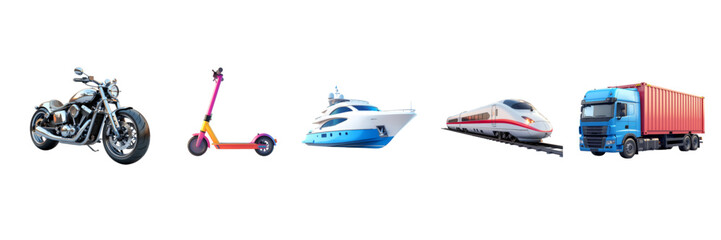 Set of colorful 3D transportation icons isolated on white background, featuring motorcycle, electric scooter, luxury yacht, high-speed train, and cargo truck for modern mobility concepts.