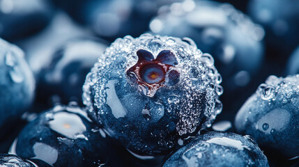 Macro close-up of blueberries covered with an icy frost, highlighting fresh texture, cool tones, and natural detail that convey freshness, cold, and healthy organic food