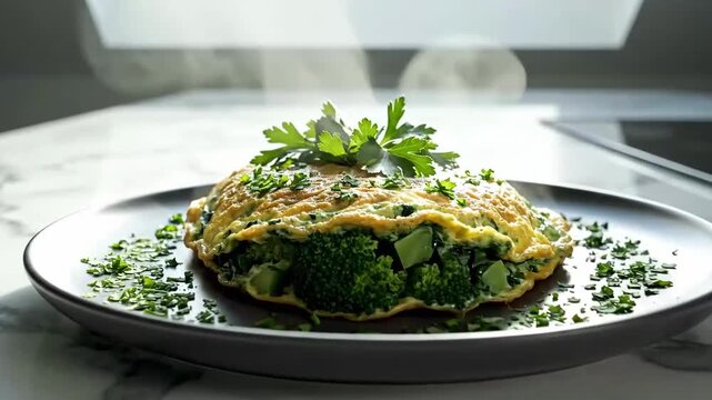Delicious Steaming Broccoli And Egg Omelet Garnished With Fresh Herbs Ready To Serve