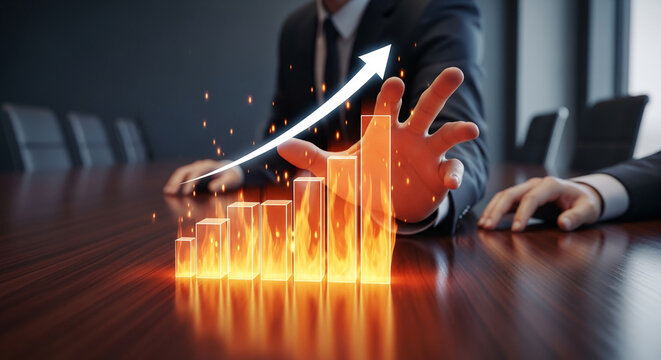 Image shows businesspeople and glowing bar graph with upward arrow, symbolizing business growth, financial success, and market improvement, free space