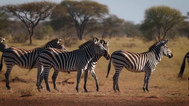 A group of zebras in their natural habitat, displaying their distinctive black and white stripes. The zebras are captured in a natural setting.  Stock Video