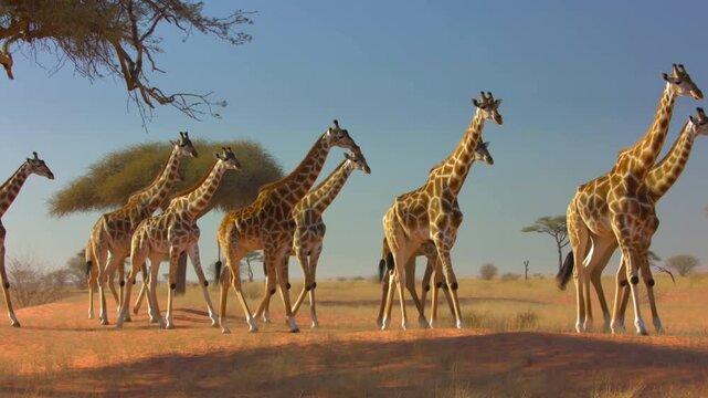 A Giraffe herd gracefully traversing the savannah. The giraffes are tall with long necks and patterned coats, walking in a beautiful natural landscape Stock Video