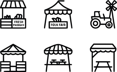 Simple line icons depicting a farm market stalls and fair attractions