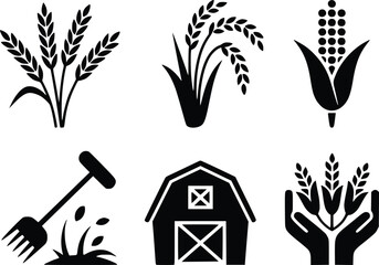 Black silhouettes depicting various farming elements crops barn and tools