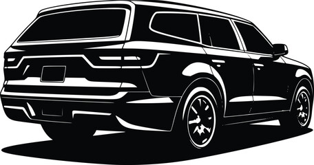Black and white illustration of a modern suv vehicle from a low angle