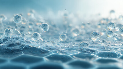 macro shot of transparent molecular structures, futuristic biotechnology aesthetic, water molecule science background, hydration molecular structure concept, blue liquid molecular abstract
