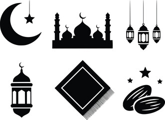 Islamic decorative elements including a crescent moon mosque and lanterns