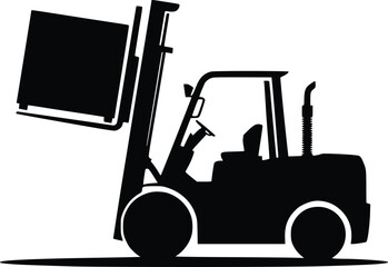 A simplified black and white illustration of a forklift truck in profile