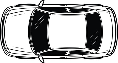Top down view of a modern car with a sunroof black and white illustration