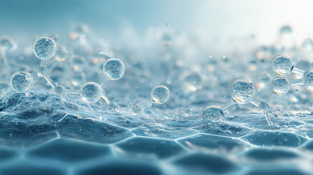 macro shot of transparent molecular structures, futuristic biotechnology aesthetic, water molecule science background, hydration molecular structure concept, blue liquid molecular abstract
