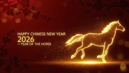 Happy chinese new year 2026 with a radiant golden horse and festive glowing design