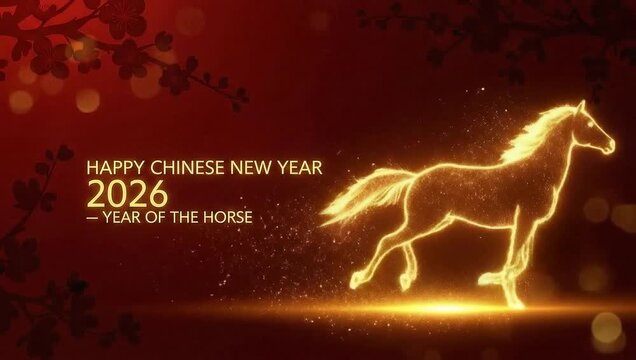 Happy chinese new year 2026 with a radiant golden horse and festive glowing design