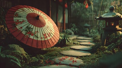 A traditional red and white Japanese parasol rests near a stone lantern along a mossy garden path in a serene and tranquil Asian landscape setting.