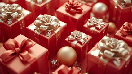 3D Rendered Christmas Gift Boxes with Elegant Ribbons on Minimal Background